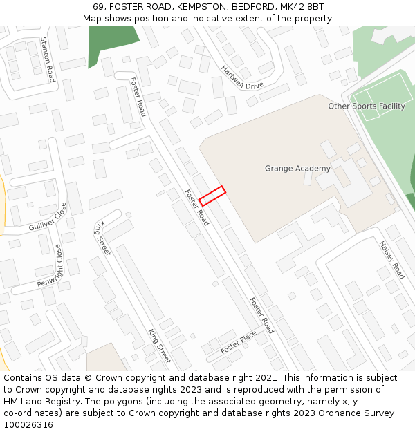 69, FOSTER ROAD, KEMPSTON, BEDFORD, MK42 8BT: Location map and indicative extent of plot