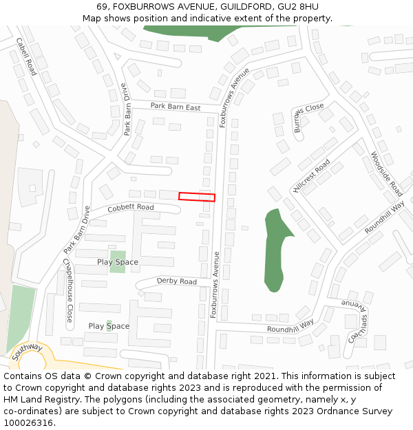 69, FOXBURROWS AVENUE, GUILDFORD, GU2 8HU: Location map and indicative extent of plot