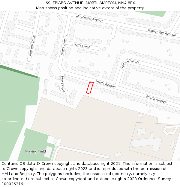 69, FRIARS AVENUE, NORTHAMPTON, NN4 8PX: Location map and indicative extent of plot