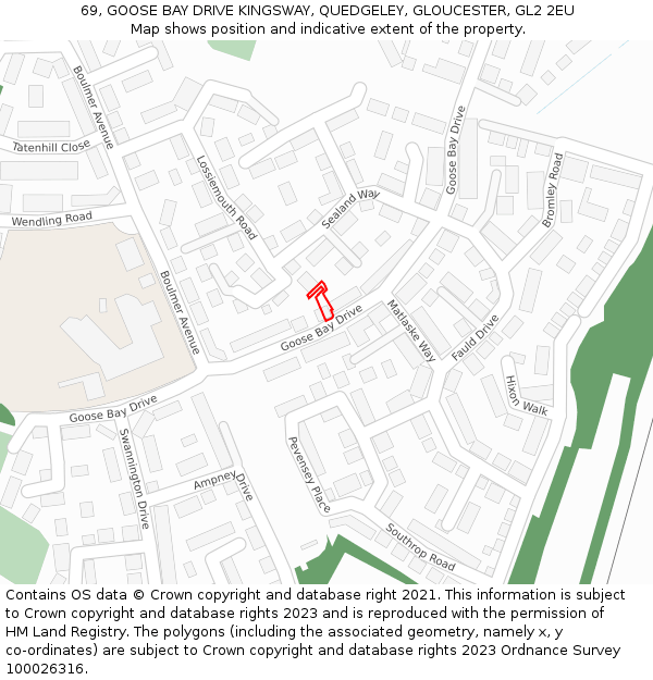 69, GOOSE BAY DRIVE KINGSWAY, QUEDGELEY, GLOUCESTER, GL2 2EU: Location map and indicative extent of plot