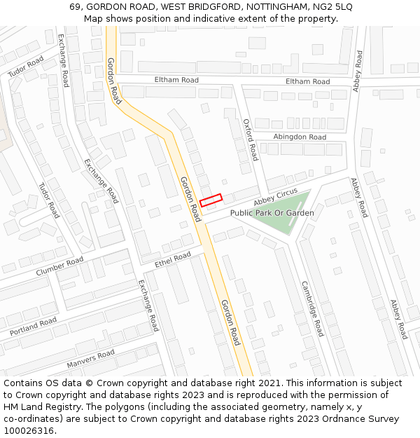 69, GORDON ROAD, WEST BRIDGFORD, NOTTINGHAM, NG2 5LQ: Location map and indicative extent of plot