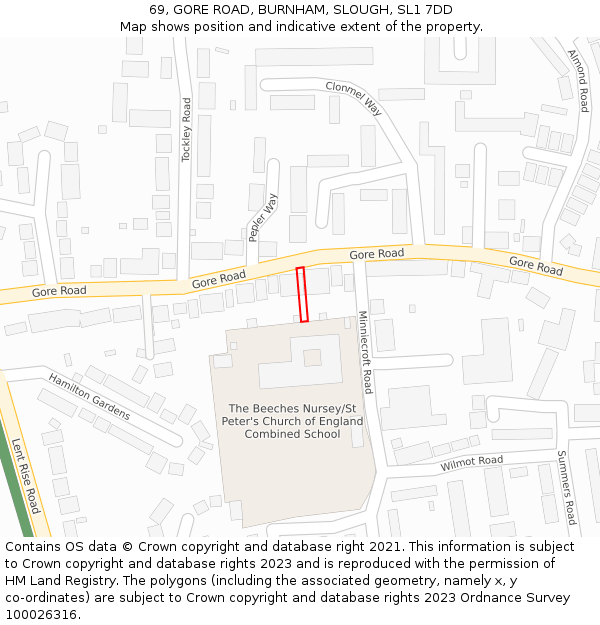 69, GORE ROAD, BURNHAM, SLOUGH, SL1 7DD: Location map and indicative extent of plot