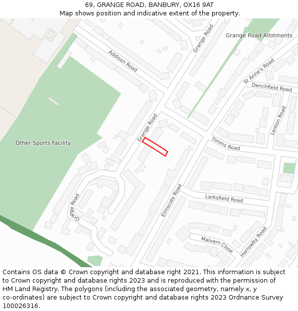 69, GRANGE ROAD, BANBURY, OX16 9AT: Location map and indicative extent of plot