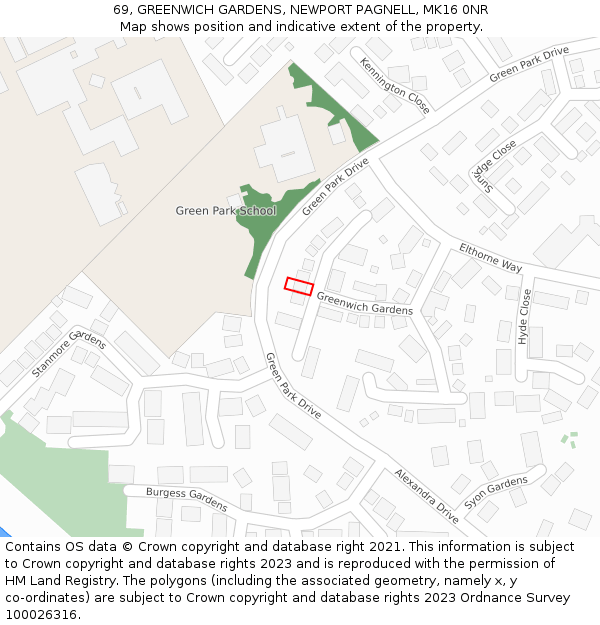 69, GREENWICH GARDENS, NEWPORT PAGNELL, MK16 0NR: Location map and indicative extent of plot