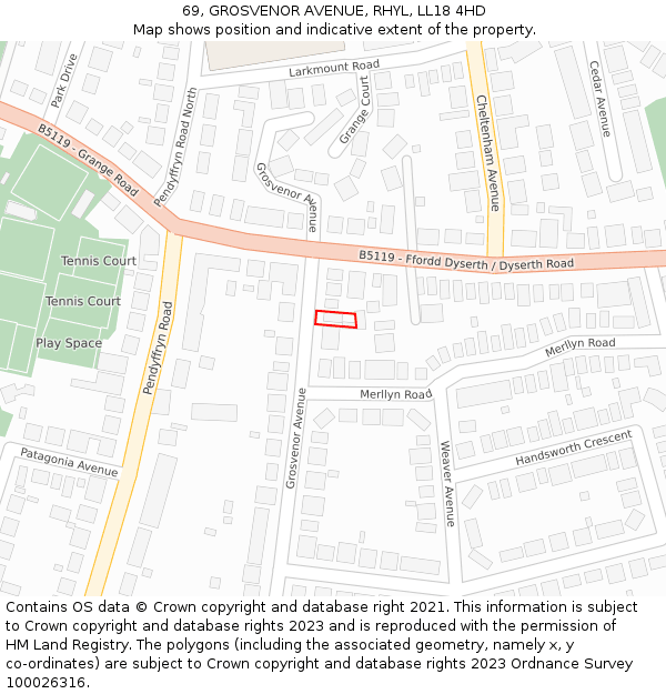 69, GROSVENOR AVENUE, RHYL, LL18 4HD: Location map and indicative extent of plot