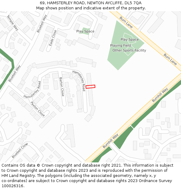 69, HAMSTERLEY ROAD, NEWTON AYCLIFFE, DL5 7QA: Location map and indicative extent of plot