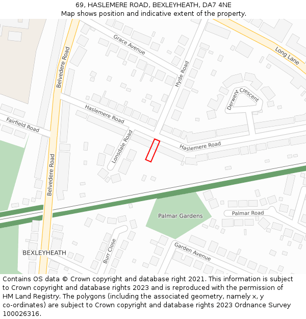 69, HASLEMERE ROAD, BEXLEYHEATH, DA7 4NE: Location map and indicative extent of plot