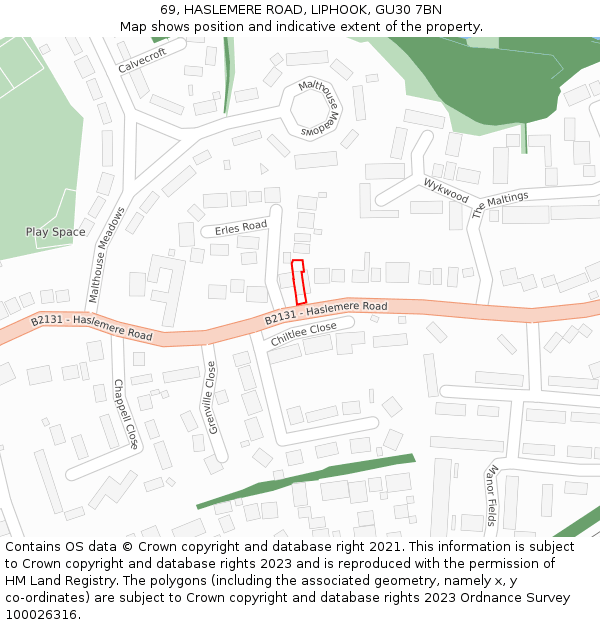 69, HASLEMERE ROAD, LIPHOOK, GU30 7BN: Location map and indicative extent of plot