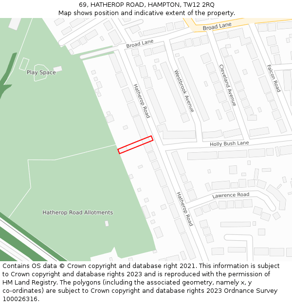 69, HATHEROP ROAD, HAMPTON, TW12 2RQ: Location map and indicative extent of plot