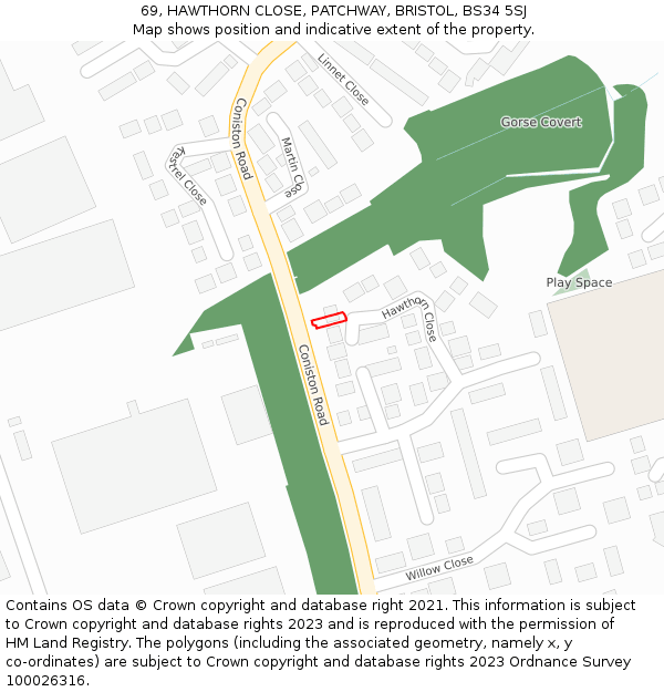 69, HAWTHORN CLOSE, PATCHWAY, BRISTOL, BS34 5SJ: Location map and indicative extent of plot