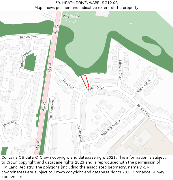 69, HEATH DRIVE, WARE, SG12 0RJ: Location map and indicative extent of plot