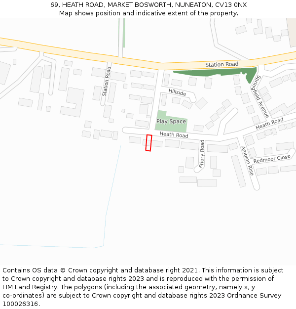 69, HEATH ROAD, MARKET BOSWORTH, NUNEATON, CV13 0NX: Location map and indicative extent of plot