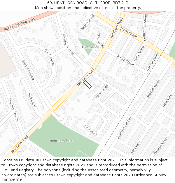 69, HENTHORN ROAD, CLITHEROE, BB7 2LD: Location map and indicative extent of plot