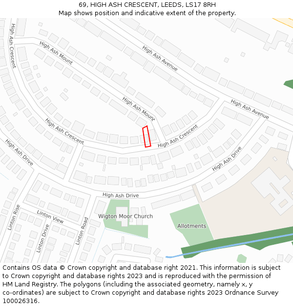 69, HIGH ASH CRESCENT, LEEDS, LS17 8RH: Location map and indicative extent of plot
