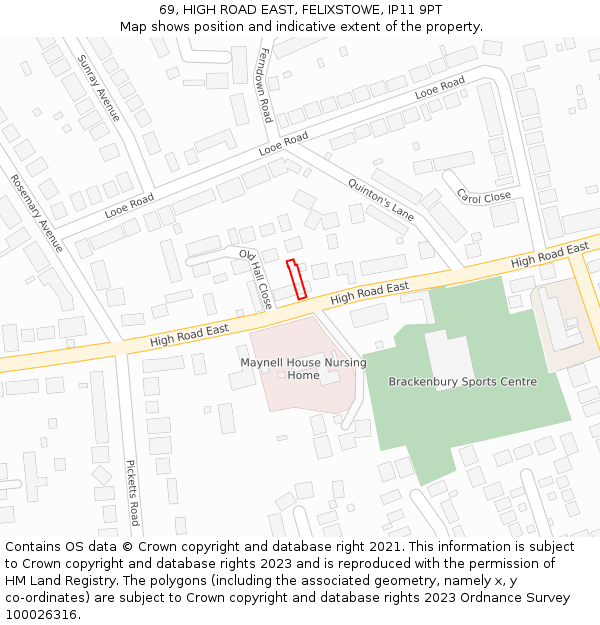 69, HIGH ROAD EAST, FELIXSTOWE, IP11 9PT: Location map and indicative extent of plot