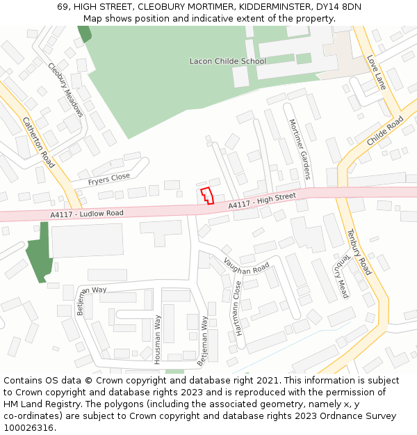 69, HIGH STREET, CLEOBURY MORTIMER, KIDDERMINSTER, DY14 8DN: Location map and indicative extent of plot