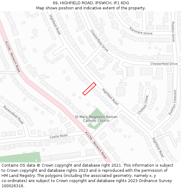69, HIGHFIELD ROAD, IPSWICH, IP1 6DG: Location map and indicative extent of plot