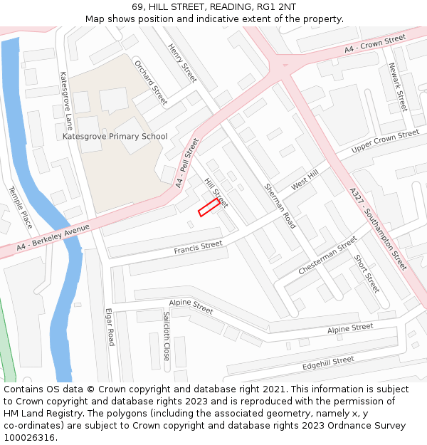 69, HILL STREET, READING, RG1 2NT: Location map and indicative extent of plot