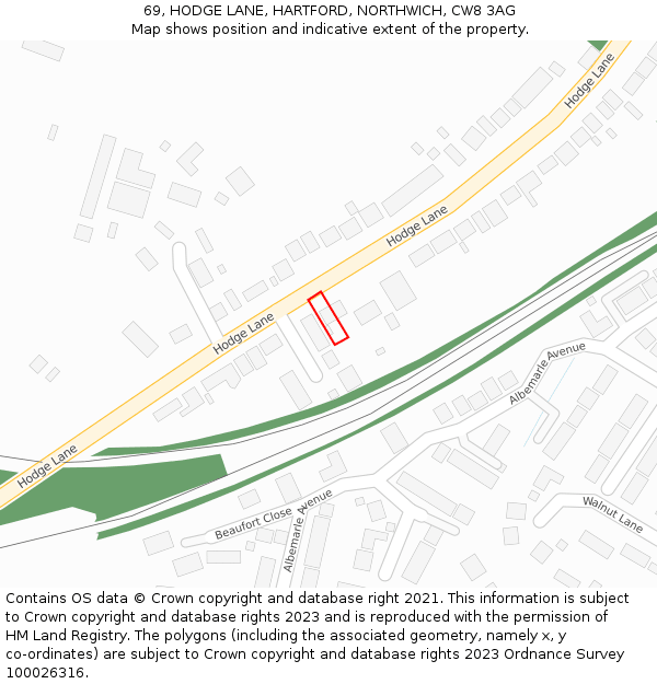 69, HODGE LANE, HARTFORD, NORTHWICH, CW8 3AG: Location map and indicative extent of plot