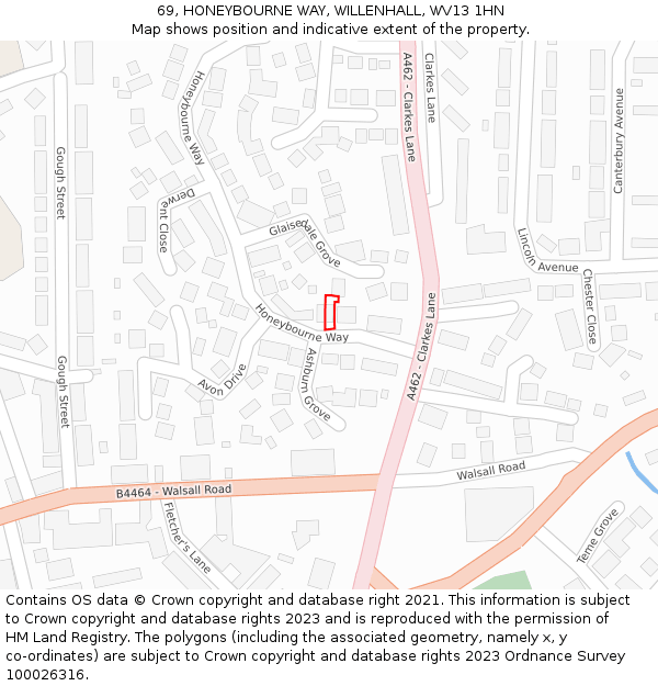 69, HONEYBOURNE WAY, WILLENHALL, WV13 1HN: Location map and indicative extent of plot