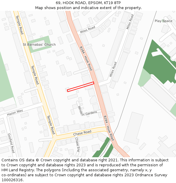 69, HOOK ROAD, EPSOM, KT19 8TP: Location map and indicative extent of plot