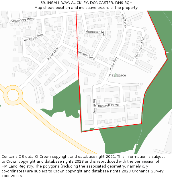 69, INSALL WAY, AUCKLEY, DONCASTER, DN9 3QH: Location map and indicative extent of plot