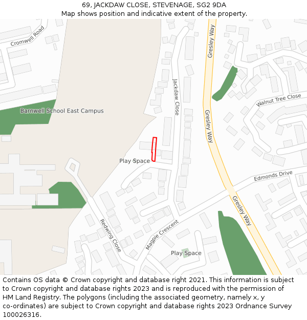 69, JACKDAW CLOSE, STEVENAGE, SG2 9DA: Location map and indicative extent of plot