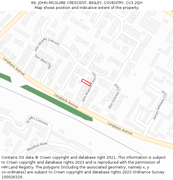 69, JOHN MCGUIRE CRESCENT, BINLEY, COVENTRY, CV3 2QH: Location map and indicative extent of plot