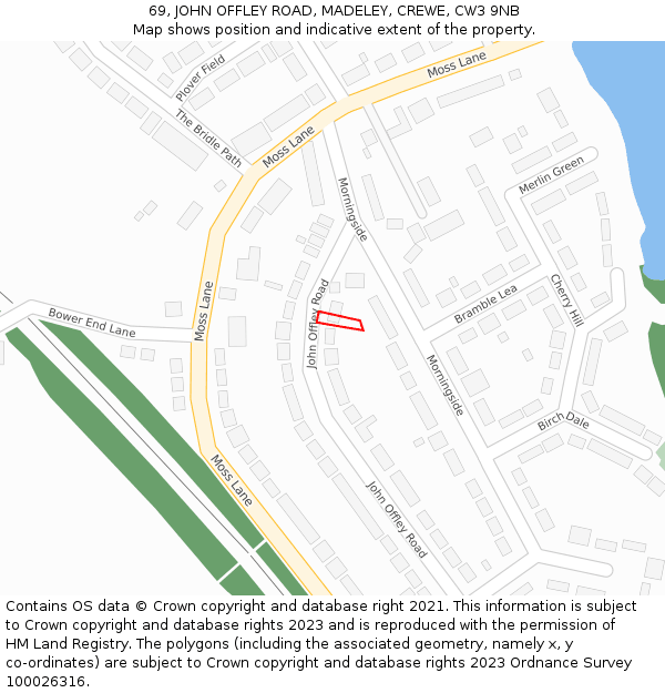 69, JOHN OFFLEY ROAD, MADELEY, CREWE, CW3 9NB: Location map and indicative extent of plot