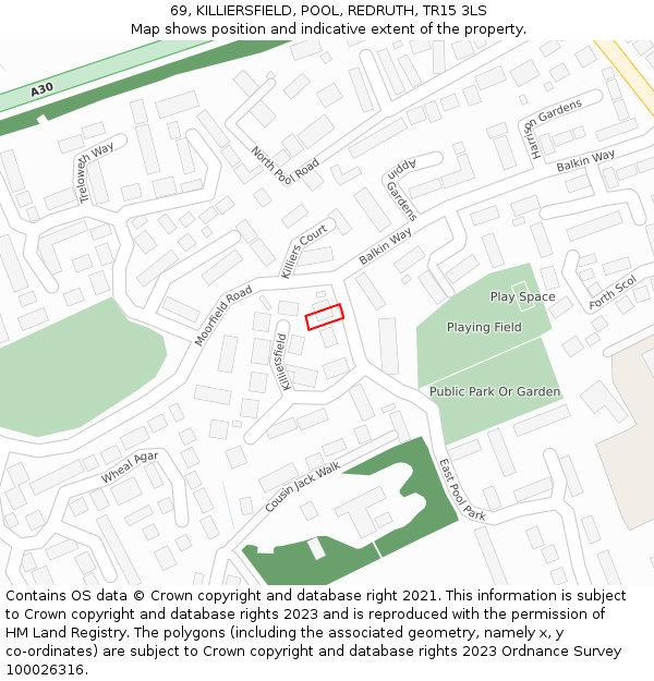 69, KILLIERSFIELD, POOL, REDRUTH, TR15 3LS: Location map and indicative extent of plot