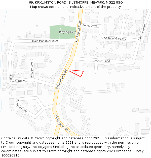 69, KIRKLINGTON ROAD, BILSTHORPE, NEWARK, NG22 8SQ: Location map and indicative extent of plot