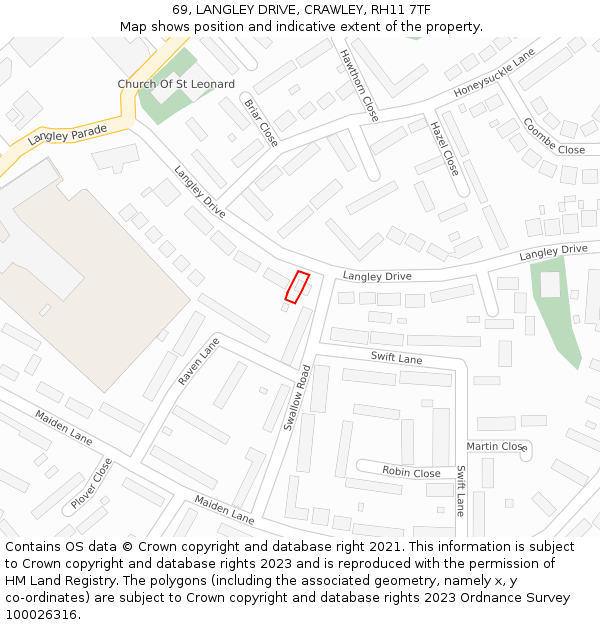 69, LANGLEY DRIVE, CRAWLEY, RH11 7TF: Location map and indicative extent of plot