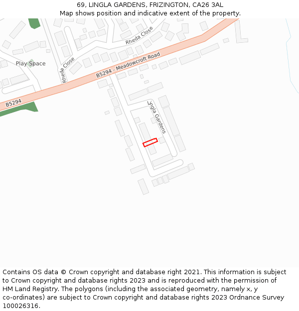 69, LINGLA GARDENS, FRIZINGTON, CA26 3AL: Location map and indicative extent of plot