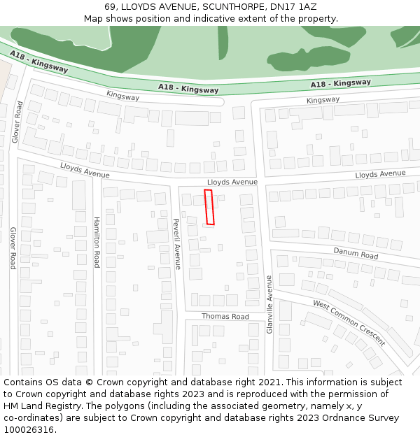 69, LLOYDS AVENUE, SCUNTHORPE, DN17 1AZ: Location map and indicative extent of plot