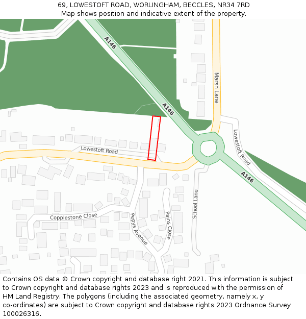 69, LOWESTOFT ROAD, WORLINGHAM, BECCLES, NR34 7RD: Location map and indicative extent of plot