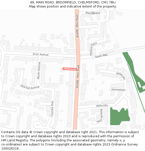 69, MAIN ROAD, BROOMFIELD, CHELMSFORD, CM1 7BU: Location map and indicative extent of plot