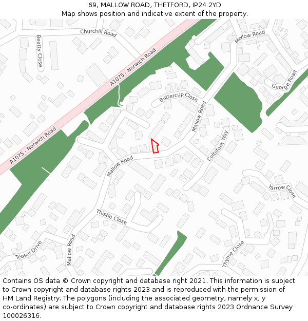 69, MALLOW ROAD, THETFORD, IP24 2YD: Location map and indicative extent of plot