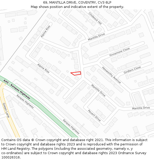 69, MANTILLA DRIVE, COVENTRY, CV3 6LP: Location map and indicative extent of plot