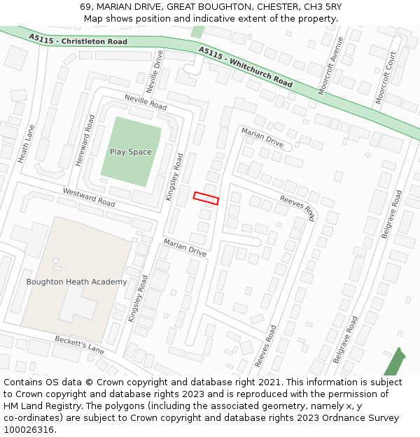 69, MARIAN DRIVE, GREAT BOUGHTON, CHESTER, CH3 5RY: Location map and indicative extent of plot