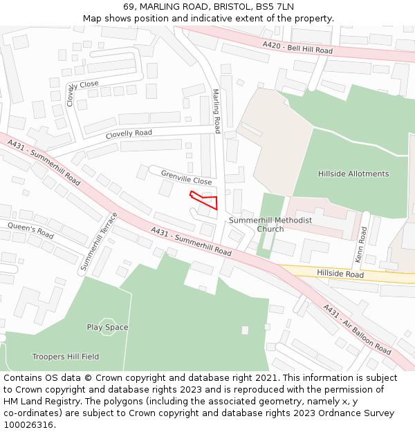 69, MARLING ROAD, BRISTOL, BS5 7LN: Location map and indicative extent of plot