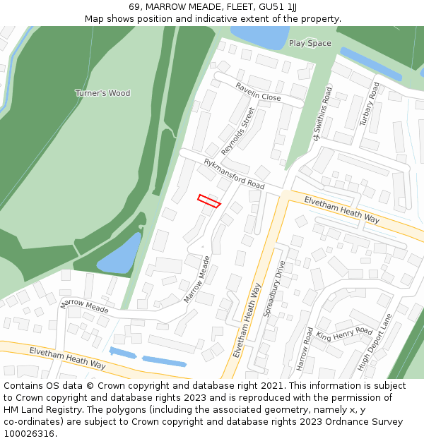 69, MARROW MEADE, FLEET, GU51 1JJ: Location map and indicative extent of plot