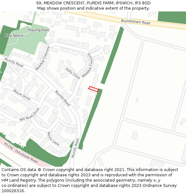 69, MEADOW CRESCENT, PURDIS FARM, IPSWICH, IP3 8GD: Location map and indicative extent of plot