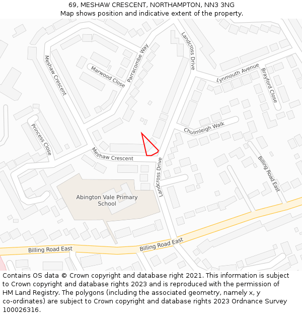 69, MESHAW CRESCENT, NORTHAMPTON, NN3 3NG: Location map and indicative extent of plot