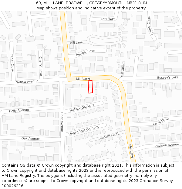 69, MILL LANE, BRADWELL, GREAT YARMOUTH, NR31 8HN: Location map and indicative extent of plot