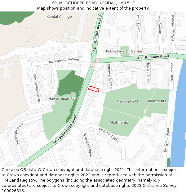 69, MILNTHORPE ROAD, KENDAL, LA9 5HE: Location map and indicative extent of plot