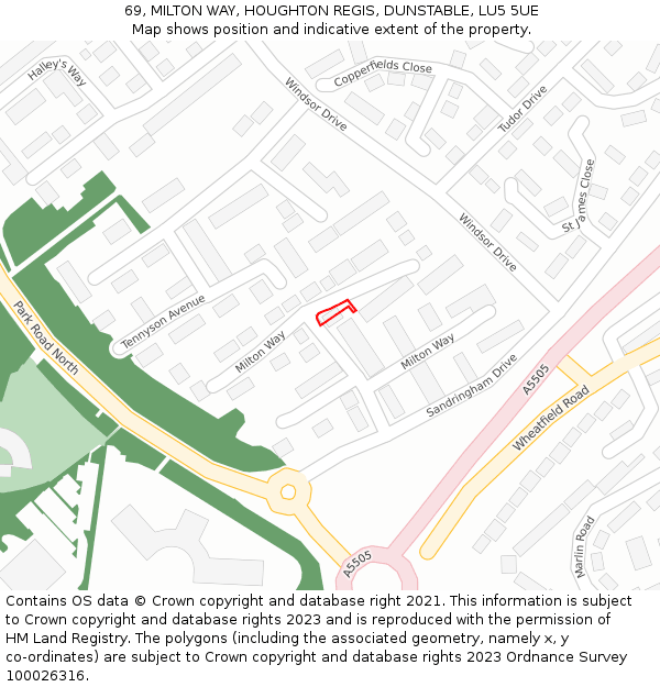 69, MILTON WAY, HOUGHTON REGIS, DUNSTABLE, LU5 5UE: Location map and indicative extent of plot