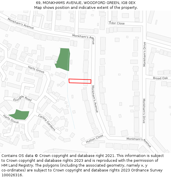 69, MONKHAMS AVENUE, WOODFORD GREEN, IG8 0EX: Location map and indicative extent of plot