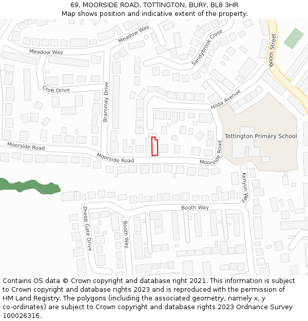 69, MOORSIDE ROAD, TOTTINGTON, BURY, BL8 3HR: Location map and indicative extent of plot