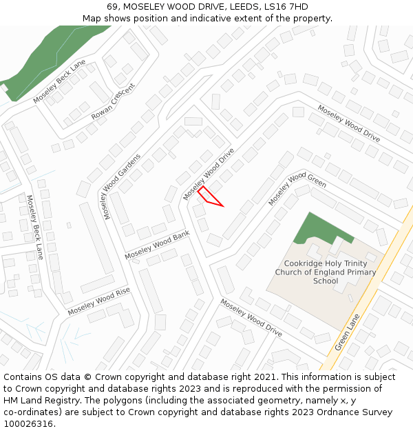 69, MOSELEY WOOD DRIVE, LEEDS, LS16 7HD: Location map and indicative extent of plot