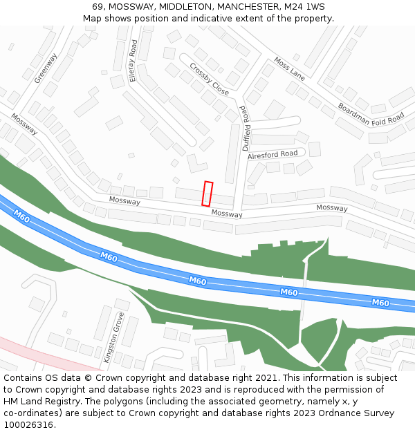69, MOSSWAY, MIDDLETON, MANCHESTER, M24 1WS: Location map and indicative extent of plot